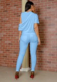 Women Blue Casual O-Neck Short Sleeves High Waist Solid Pockets Regular Two Piece Pants Set