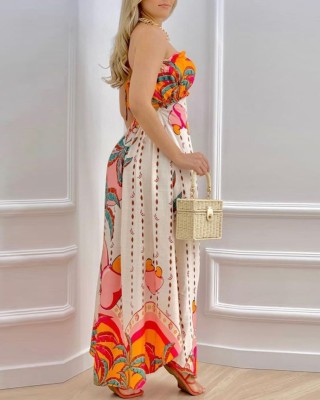 Women Summer Modest Strapless Sleeveless Floral Print Hollow Out Maxi Dress