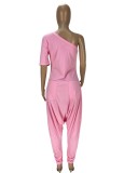 Women Summer Pink Casual Slash Neck Short Sleeves Solid Pockets Full Length Loose Jumpsuit