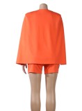 Women Spring Orange Formal Full Sleeves High Waist Solid Ripped Regular Two Piece Shorts Set