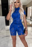 Women Summer Blue Casual Turtleneck Short Sleeves High Waist Solid Hollow Out Regular Two Piece Shorts Set