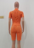 Women Summer Orange Casual Turtleneck Short Sleeves High Waist Solid Hollow Out Regular Two Piece Shorts Set