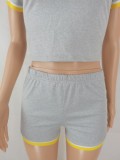 Women Summer Grey Casual O-Neck Short Sleeves High Waist Striped Print Regular Two Piece Shorts Set