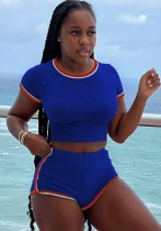 Women Summer Blue Casual O-Neck Short Sleeves High Waist Striped Print Regular Two Piece Shorts Set