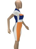 Women Summer Orange Casual V-neck Short Sleeves Color Blocking Pockets Knee-Length Skinny Rompers
