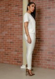 Women Spring White Casual O-Neck Short Sleeves High Waist Solid Pockets Regular Two Piece Pants Set