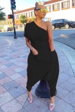 Women Summer Black Casual Slash Neck Short Sleeves Solid Pockets Full Length Loose Jumpsuit