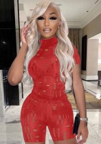 Women Summer Red Casual Turtleneck Short Sleeves High Waist Solid Hollow Out Regular Two Piece Shorts Set
