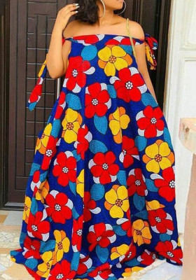 Women Summer Printed Casual Off-the-shoulder Sleeveless Floral Print Lace Up Midi Loose Holiday Dress
