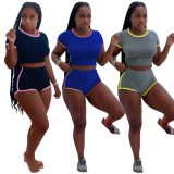 Women Summer Blue Casual O-Neck Short Sleeves High Waist Striped Print Regular Two Piece Shorts Set