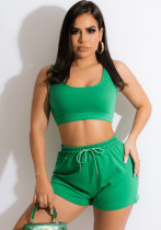 Women Summer Green Casual Halter Sleeveless High Waist Solid Regular Two Piece Shorts Set