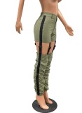 Women Spring Green Straight Mid Waist Zipper Fly Solid Ripped Full Length Regular Pants