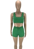 Women Summer Green Casual Halter Sleeveless High Waist Solid Regular Two Piece Shorts Set
