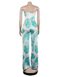 Women Summer Printed Casual Strapless Sleeveless Floral Print Lace Up Full Length Regular Jumpsuit