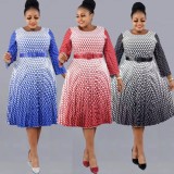 Women Spring Blue Modest O-Neck Full Sleeves Snake Skin Belted Midi A-line Plus Size Casual Dress