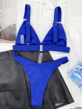 Women Blue Bikini V-Neck Solid Two Piece Swimwear
