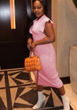 Women Summer Pink Modest Turn-down Collar Sleeveless Solid Maxi Dress