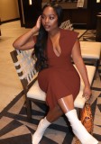 Women Summer Brown Modest Turn-down Collar Sleeveless Solid Maxi Dress