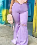 Women Spring Purple FLARE PANTS High Waist Zipper Fly Solid Fringed Full Length Regular Pants