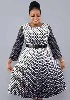 Women Spring Black Modest O-Neck Full Sleeves Snake Skin Belted Midi A-line Plus Size Casual Dress