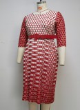 Women Spring Red Modest O-Neck Full Sleeves Snake Skin Belted Midi A-line Plus Size Casual Dress