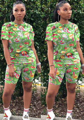 Women Summer Green Casual O-Neck Short Sleeves High Waist Printed Regular Two Piece Shorts Set