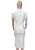 Women Summer White Modest Turn-down Collar Sleeveless Solid Maxi Dress