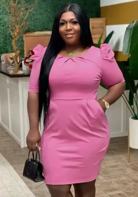 Women Summer Pink Modest O-Neck Half Sleeves Solid Pockets Knee-Length Straight Plus Size Office Dress