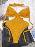 Women Orange Halter V-Neck Solid One Piece Swimsuit