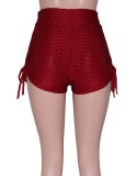 Women Summer Red Short Sleeves High Waist Solid Yoga Shorts