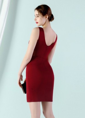 Women Summer Red Formal V-neck Sleeveless Solid Diamonds Mini Bodycon Dress