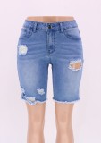 Women Summer Blue Straight Zipper Fly Solid Hollow Out Short Regular Plus Size Jeans