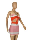 Women Summer Sexy V-neck Sleeveless Color Blocking Lace Up Mini Bodycon Dress