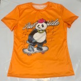 Women Summer Orange Cute O-Neck Short Sleeves Animal Print Regular T-Shirt