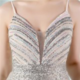 Women Summer Romantic Strap Sleeveless Metallic Sequined Evening Dress