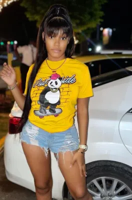Women Summer Yellow Cute O-Neck Short Sleeves Animal Print Regular T-Shirt
