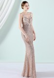 Women Summer Gold Romantic Strap Sleeveless Metallic Sequined Evening Dress