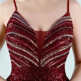 Women Summer Red Romantic Strap Sleeveless Metallic Sequined Evening Dress