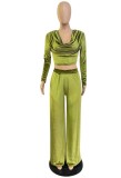 Women Spring Green Modest V-neck Full Sleeves High Waist Solid Velvet Pleated Loose Two Piece Pants Set