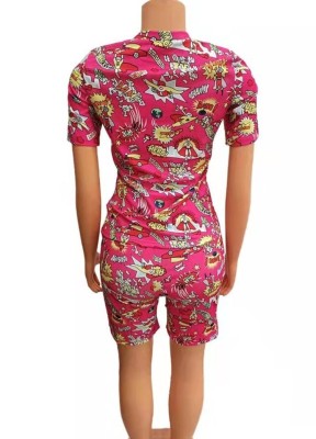 Women Summer Rose Casual O-Neck Short Sleeves High Waist Printed Regular Two Piece Shorts Set