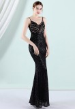Women Summer Black Romantic Strap Sleeveless Metallic Sequined Evening Dress