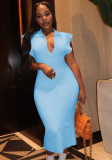 Women Summer Blue Modest Turn-down Collar Sleeveless Solid Maxi Dress
