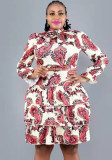 Women Spring Printed Formal Turtleneck Full Sleeves Floral Print Cascading Ruffle Fit and Flare Midi Dress