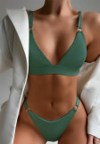 Women Green Bikini V-Neck Solid Two Piece Swimwear