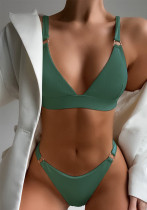 Women Green Bikini V-Neck Solid Two Piece Swimwear