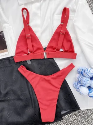 Women Red Bikini V-Neck Solid Two Piece Swimwear