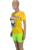 Women Summer Yellow Cute O-Neck Short Sleeves Animal Print Regular T-Shirt