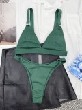 Women Green Bikini V-Neck Solid Two Piece Swimwear