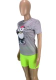 Women Summer Grey Cute O-Neck Short Sleeves Animal Print Regular T-Shirt