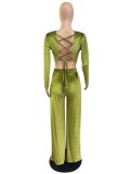 Women Spring Green Modest V-neck Full Sleeves High Waist Solid Velvet Pleated Loose Two Piece Pants Set